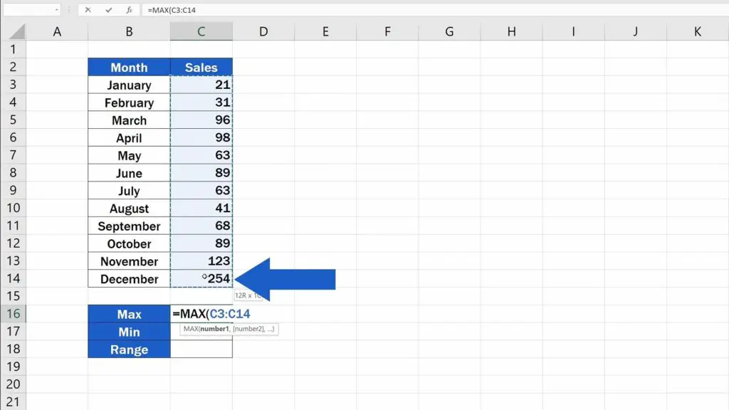 How to Calculate the Range in Excel - MAX function C3 to C16
