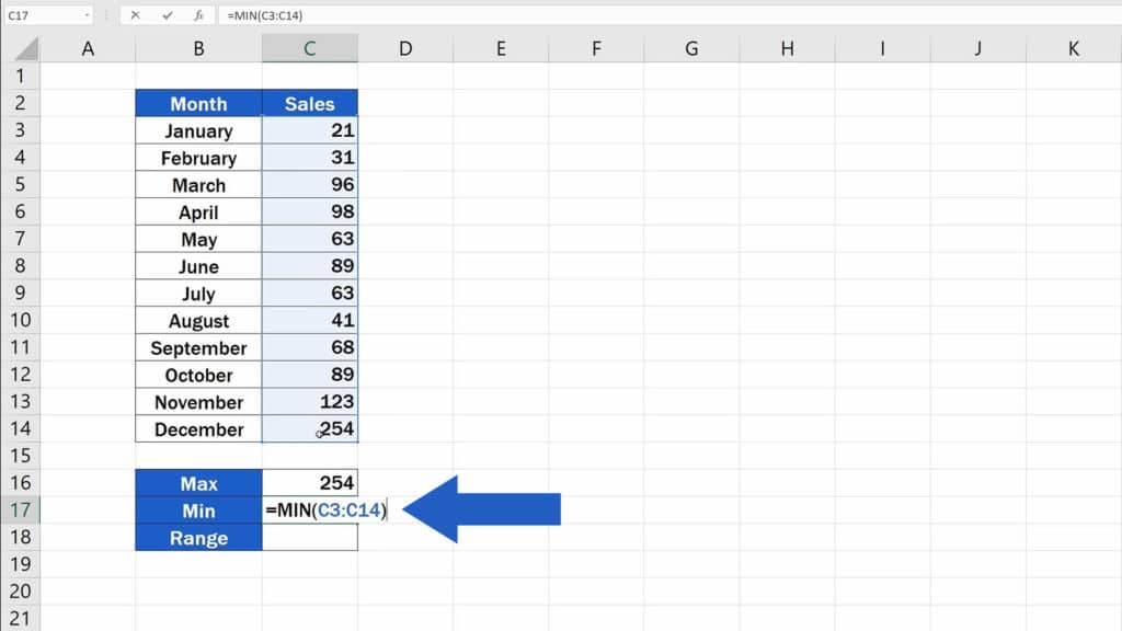 How to Calculate the Range in Excel - MIN function
