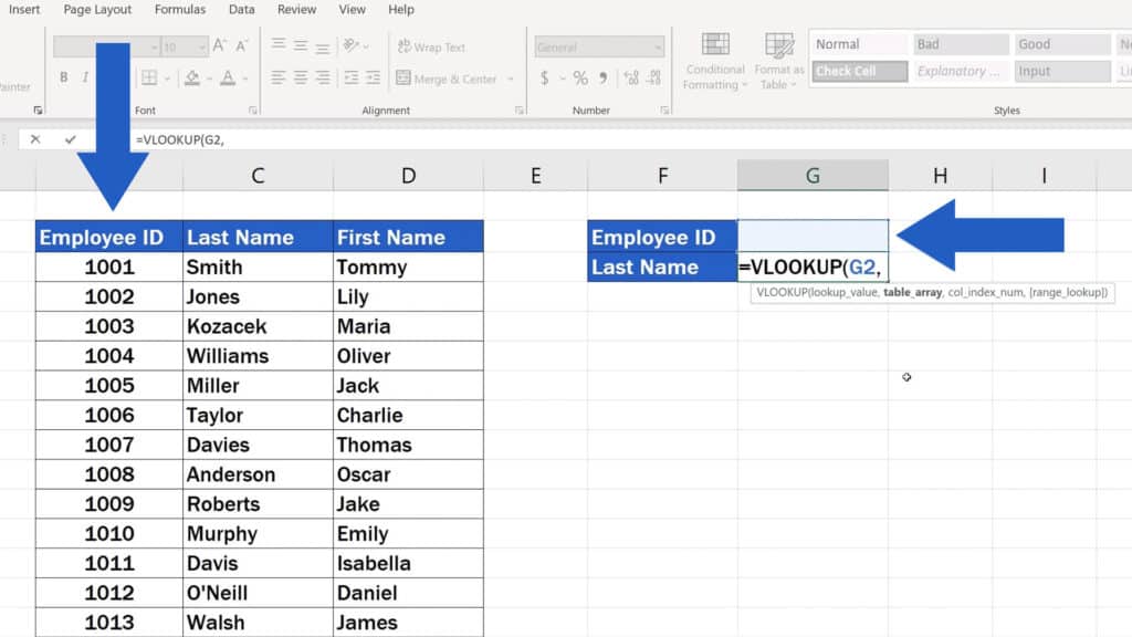 How to Use the VLOOKUP Function in Excel - The VLOOKUP Function - The Employee ID - the cell G2