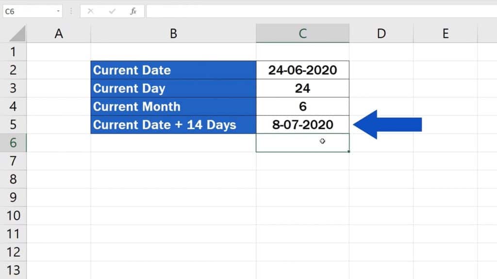 How to Use the TODAY Function in Excel - Current Date + 14 Days - Result