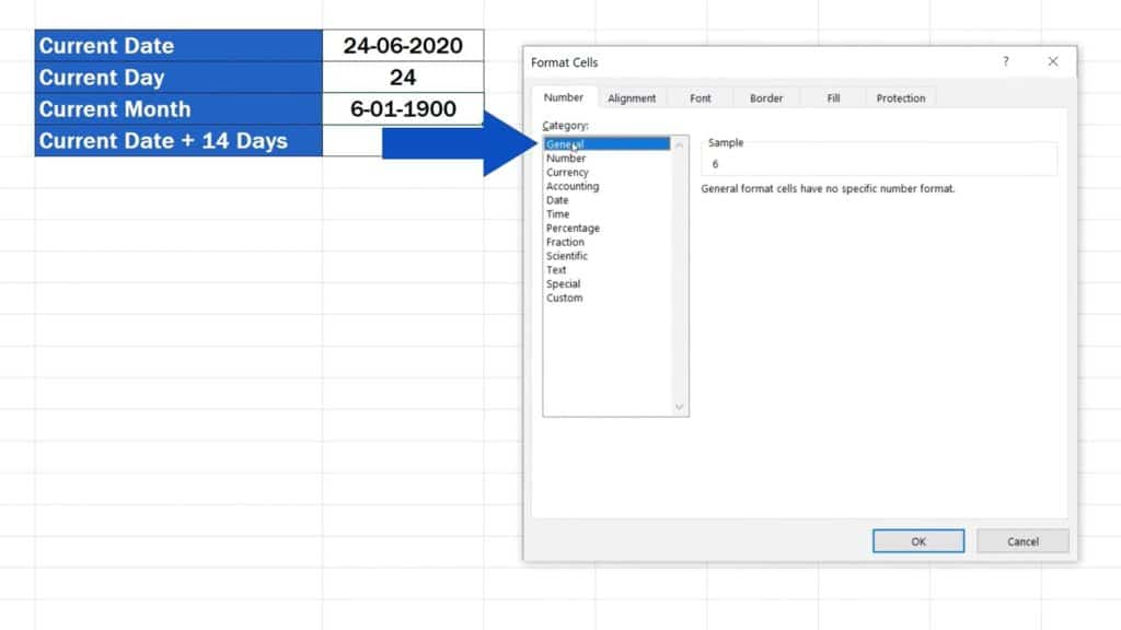 How to Use the TODAY Function in Excel - Current Month - Change the Formating to General