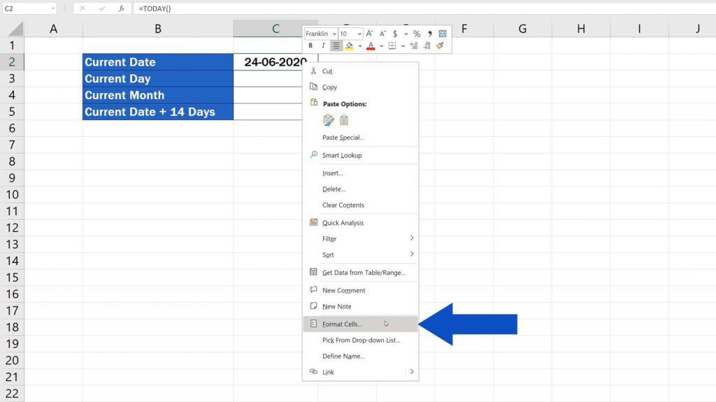 How to Use the TODAY Function in Excel - Format Cells Options