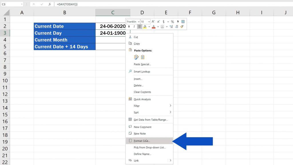 How to Use the TODAY Function in Excel - Show which Day of the Month It Is - Change the Formating