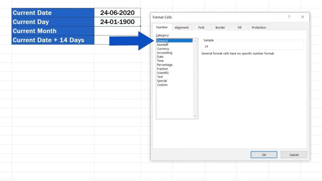 How to Use the TODAY Function in Excel - Show which Day of the Month It Is - Change the Formating to General or Number