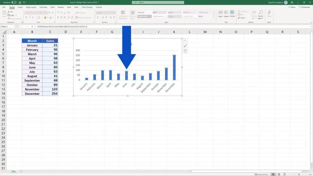 How to Change Chart Colour in Excel - double-click on any bar in the chart