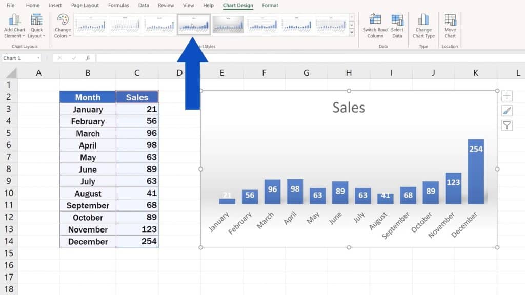 How to Change Chart Style in Excel - Chart Styles - Style choosen