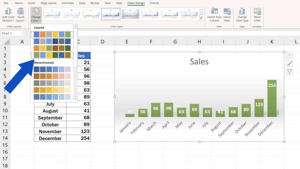 How to Change Chart Style in Excel - Green color choosen