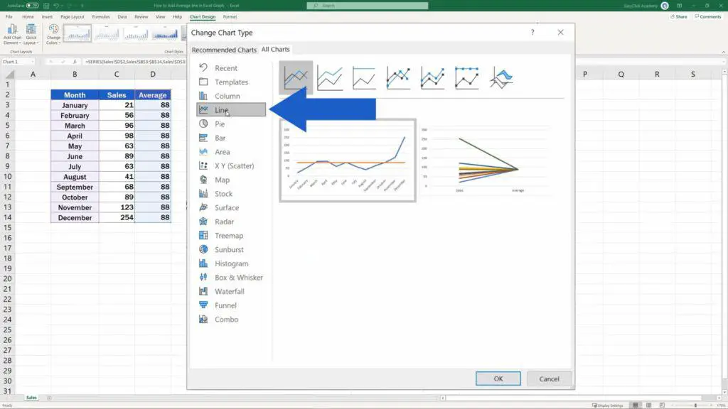 How to Add Average line in Excel Graph - Changing Average Bar to Line