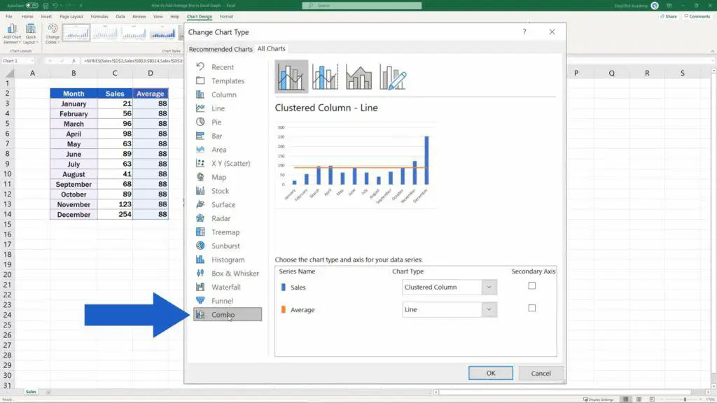 How to Add Average line in Excel Graph - select the option Combo