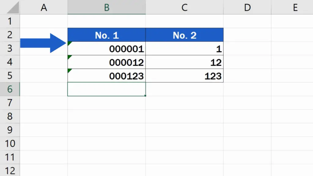 How to Add Leading Zeros in Excel - Cells marked with the little green triangle in the corner