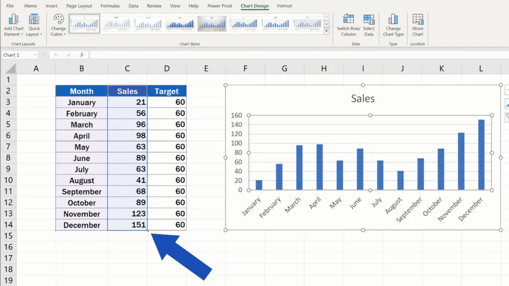 How to Add a Target Line in an Excel Graph - Hover over the bottom right corner