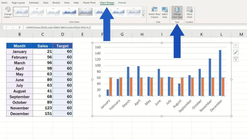 How to Add a Target Line in an Excel Graph - change chart type