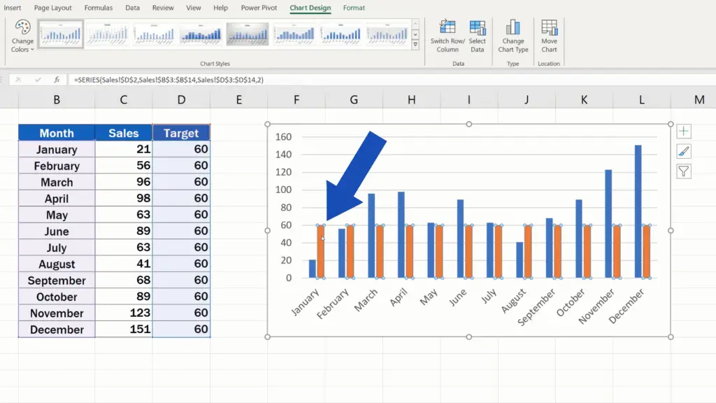 How to Add a Target Line in an Excel Graph -  click on any bar displaying the target value
