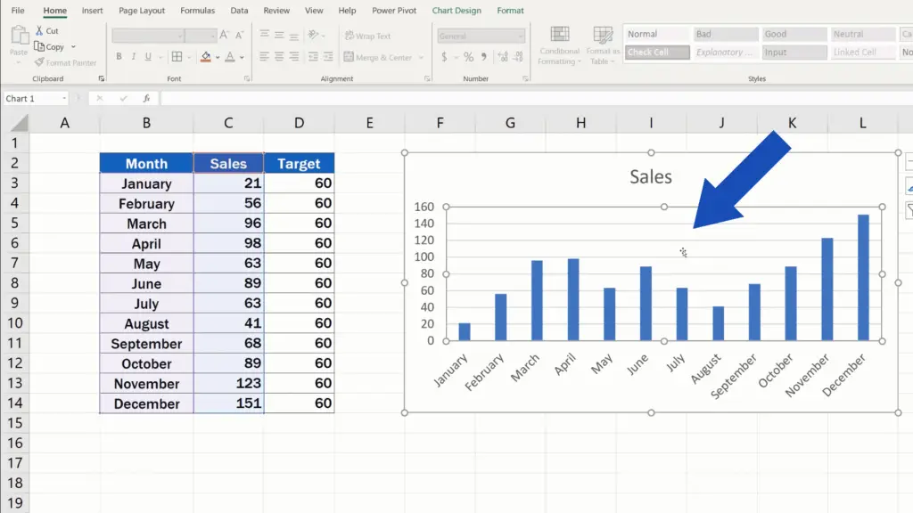 How to Add a Target Line in an Excel Graph - double-click into the chart area