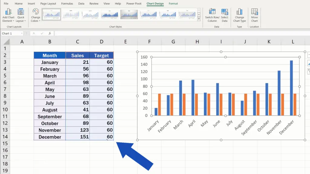 How to Add a Target Line in an Excel Graph -  extend the selection to the column Target