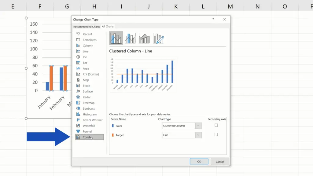 How to Add a Target Line in an Excel Graph - select Combo