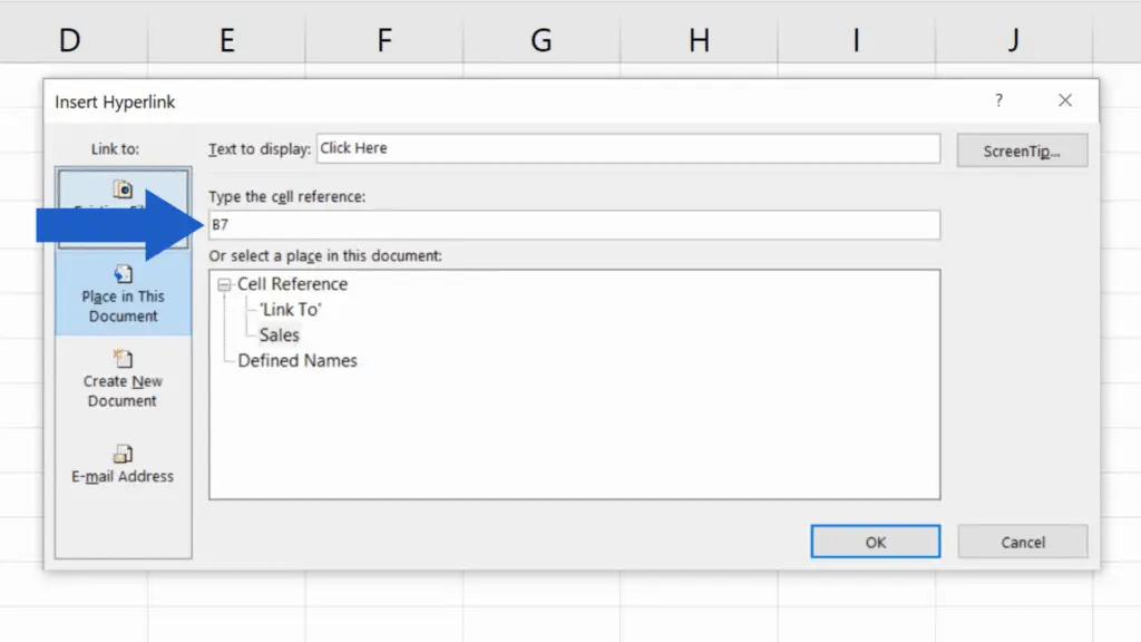 How to Create a Hyperlink in Excel - First Hyperlink - Change to B7