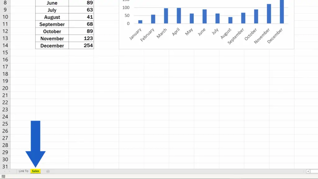 How to Create a Hyperlink in Excel - First Hyperlink - Opened Sheet with Sales