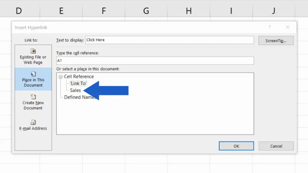How to Create a Hyperlink in Excel - First Hyperlink - Place in This Document