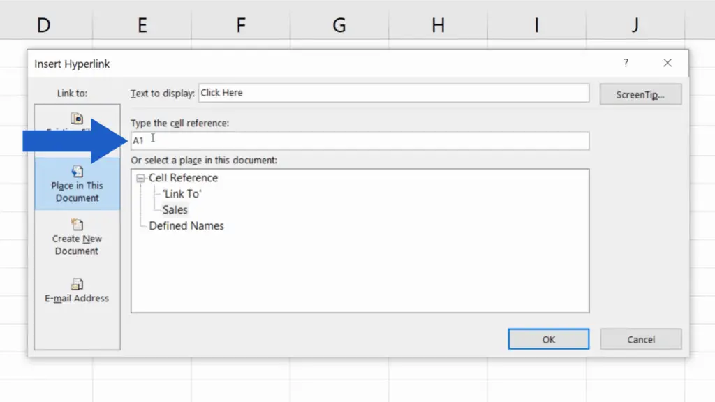 How to Create a Hyperlink in Excel - First Hyperlink - Type the cell reference