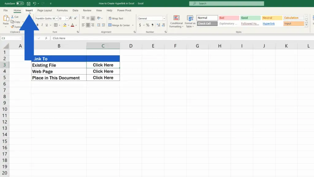 How to Create a Hyperlink in Excel - Insert Tab