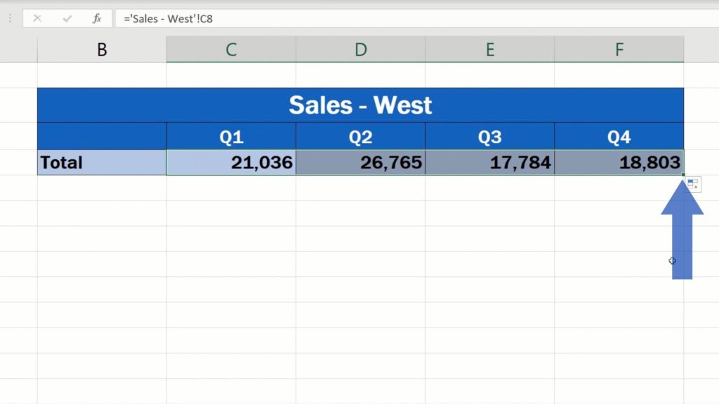 How to Link Cells in Different Excel Spreadsheets - copied to the rest of the quarters