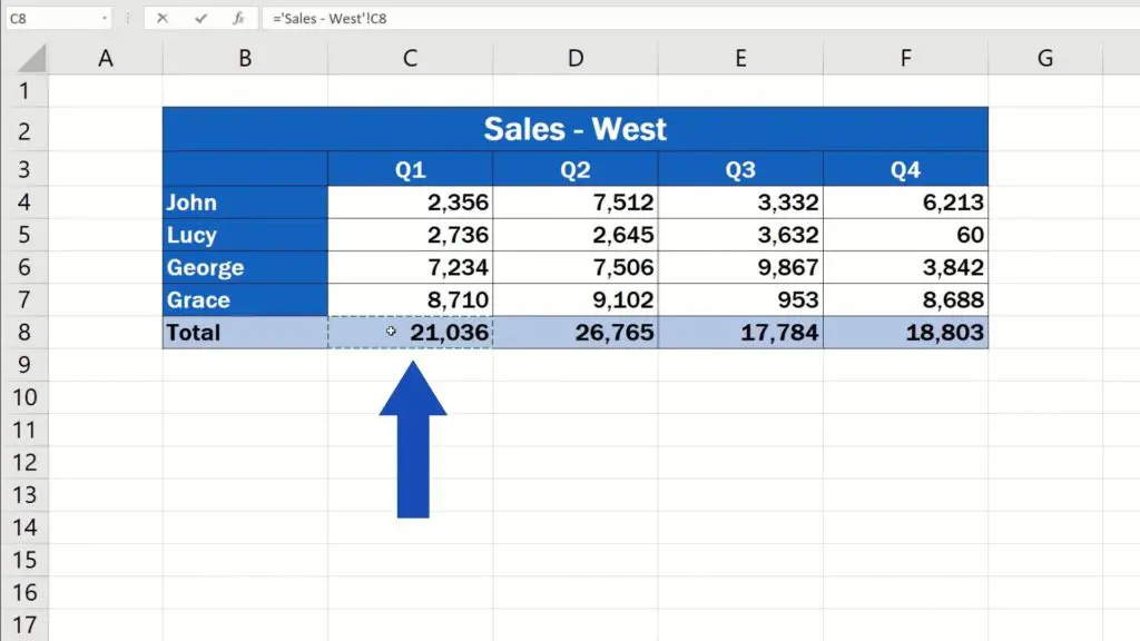 How to Link Cells in Different Excel Spreadsheets - show only the total for Quarter 1