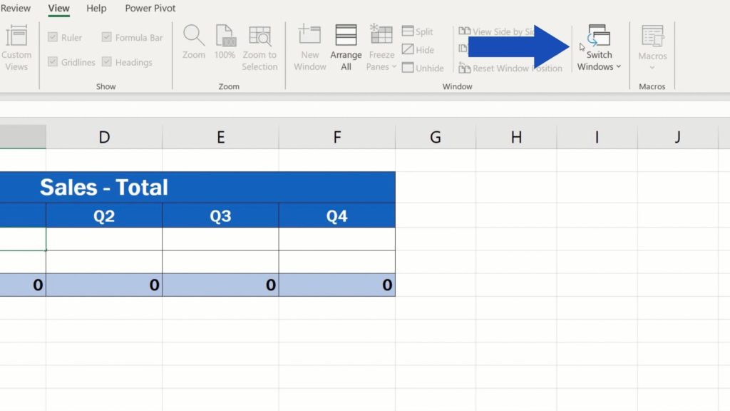 How to Link Cells in Different Excel Spreadsheets - switch window option