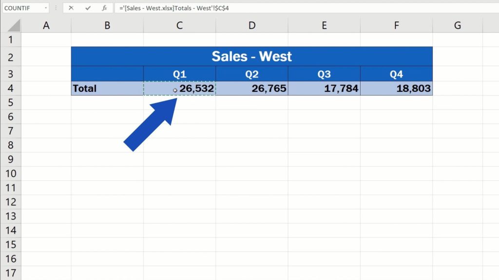 How to Link Cells in Different Excel Spreadsheets - use the data for Quarter 1