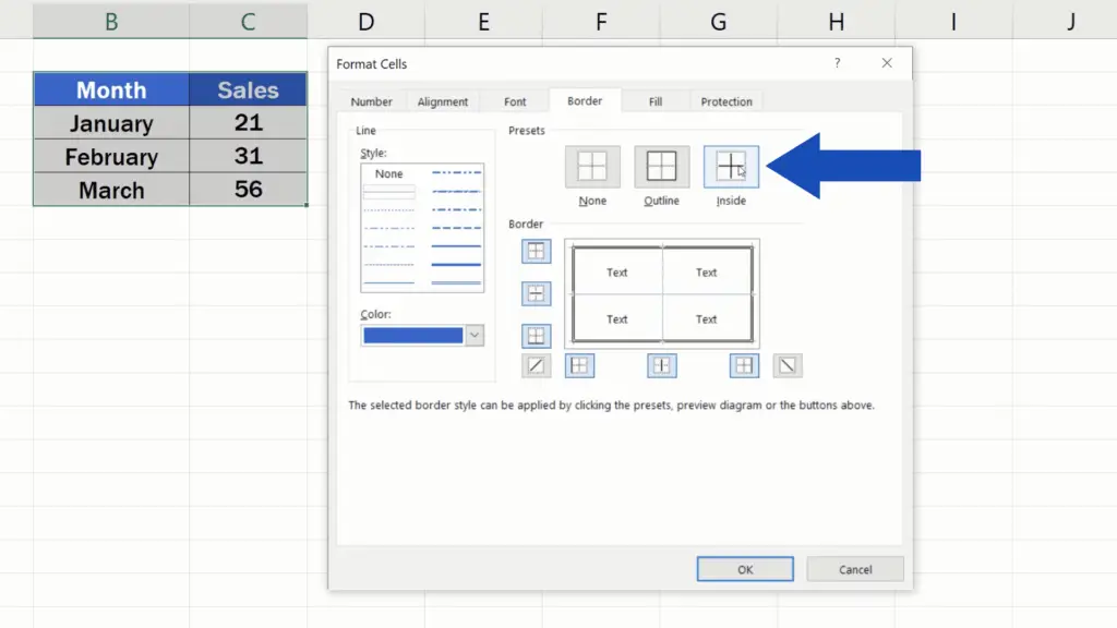 How to Make Borders in Excel - The button ‘Inside’