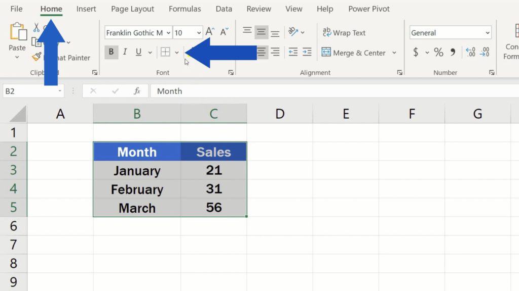 How to Make Borders in Excel - home tab