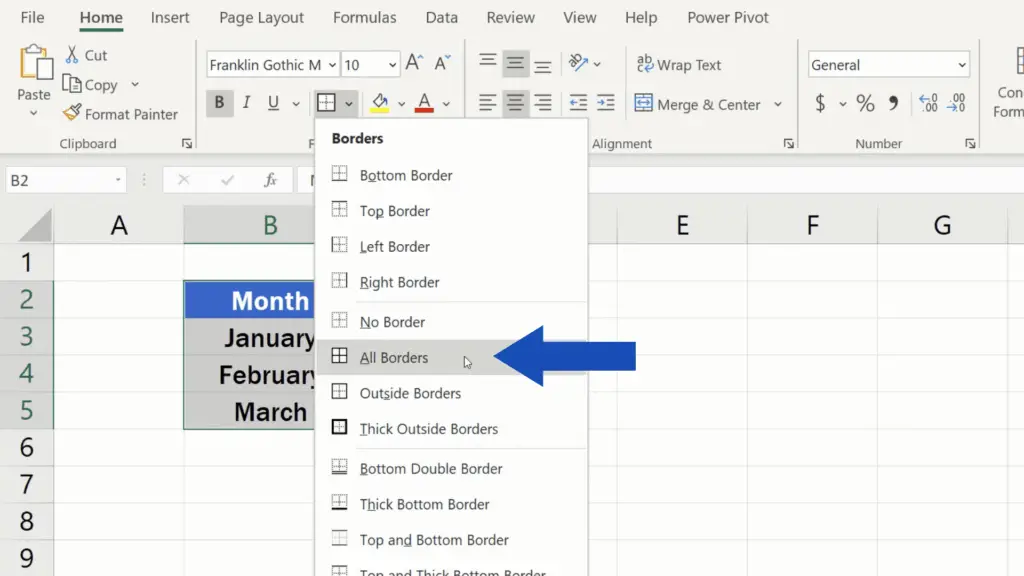 How to Make Borders in Excel - option all borders