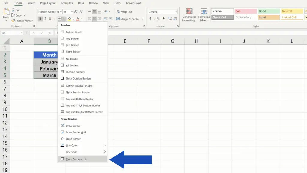 How to Make Borders in Excel - option more borders