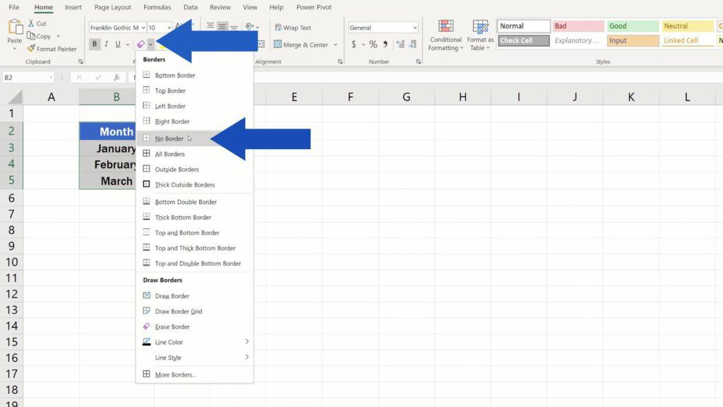 How to Make Borders in Excel - option no border