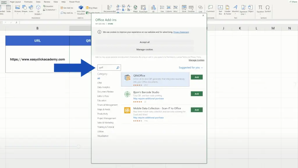 How to Create a QR Code in Excel -  ‘QR4Office’ add in