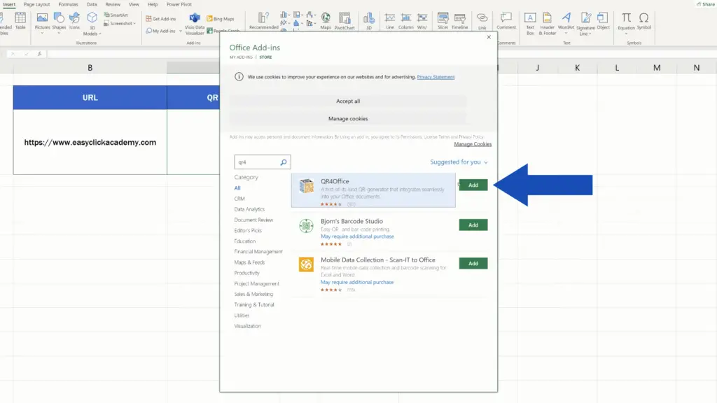 How to Create a QR Code in Excel -  ‘QR4Office’ add in - add