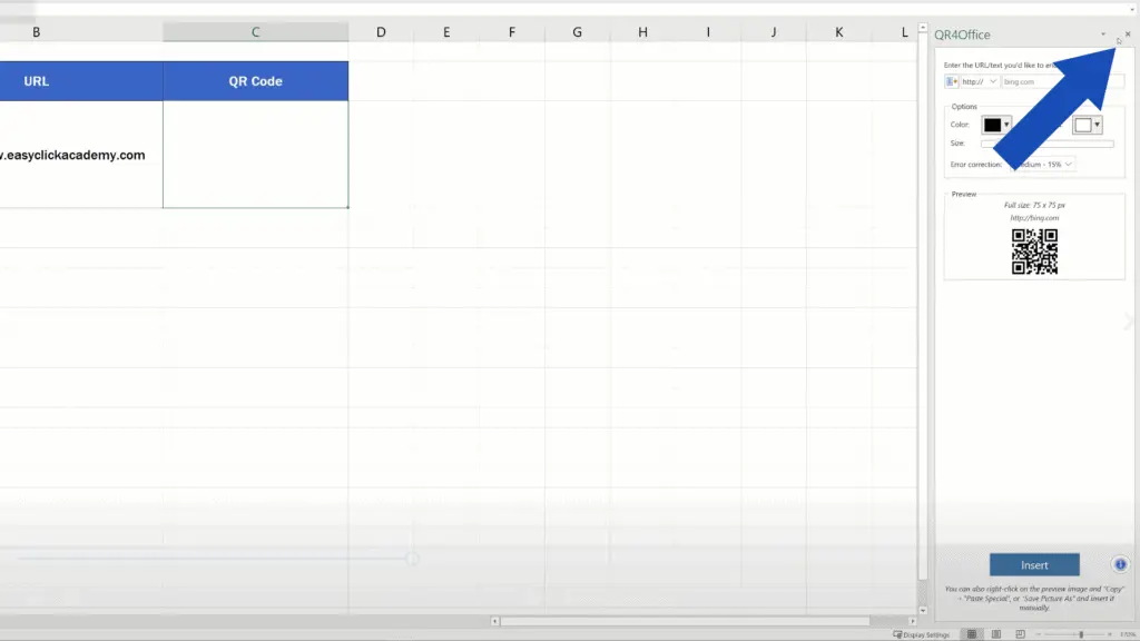 How to Create a QR Code in Excel -  Close the pane