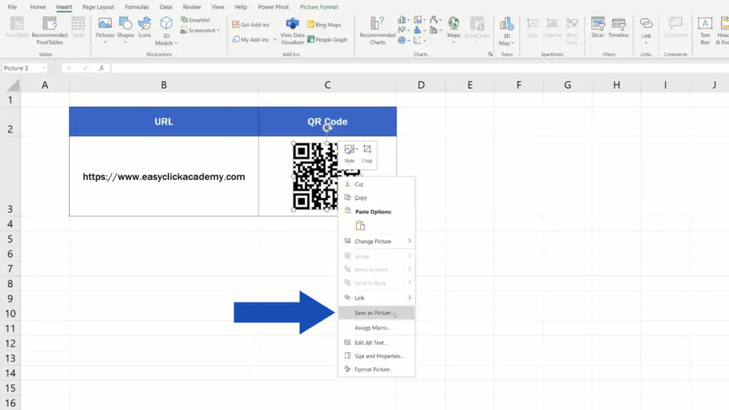 How to Create a QR Code in Excel -  QR Code - save as picture