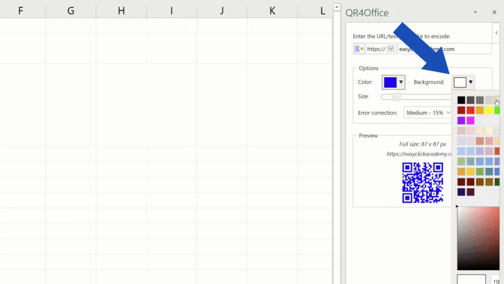 How to Create a QR Code in Excel -  pick a background color of QR Code