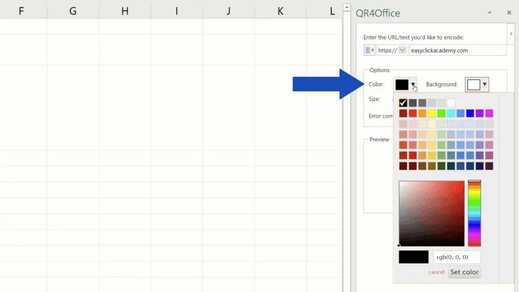 How to Create a QR Code in Excel -  pick a color of QR Code