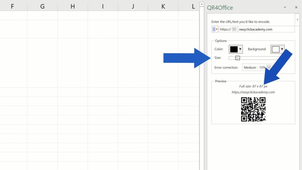 How to Create a QR Code in Excel - size of QR Code