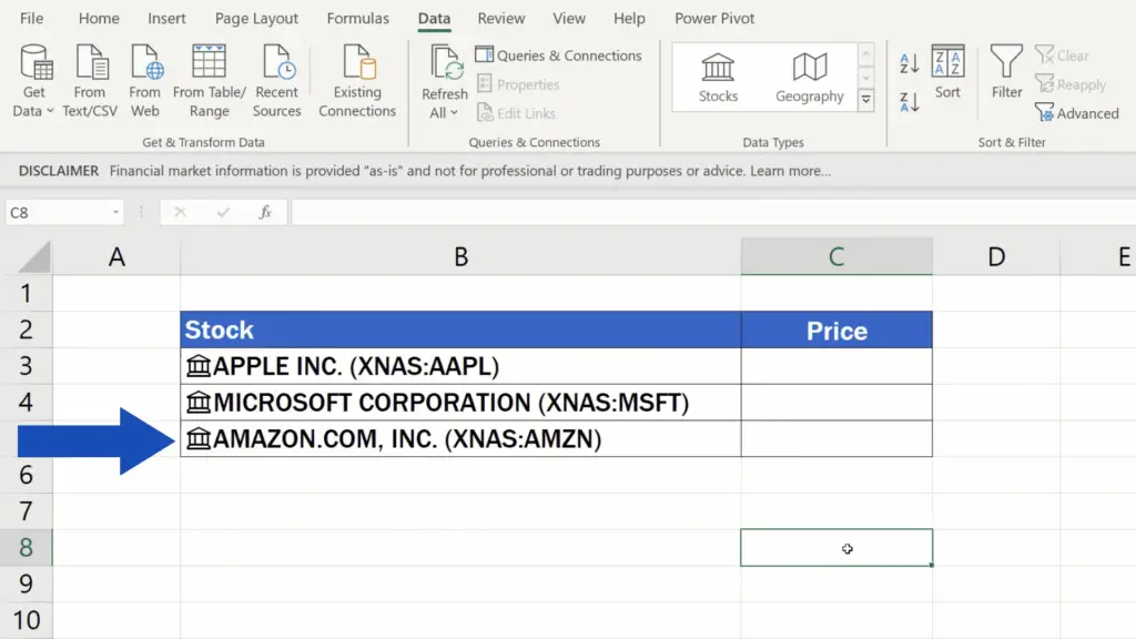 How to Get Stock Prices in Excel - Tickers get converted to a special data type