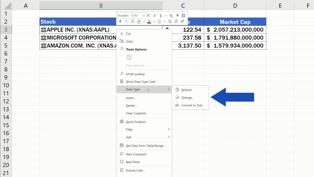 How to Get Stock Prices in Excel - change