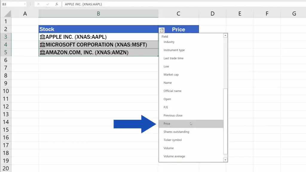 How to Get Stock Prices in Excel - click on Price