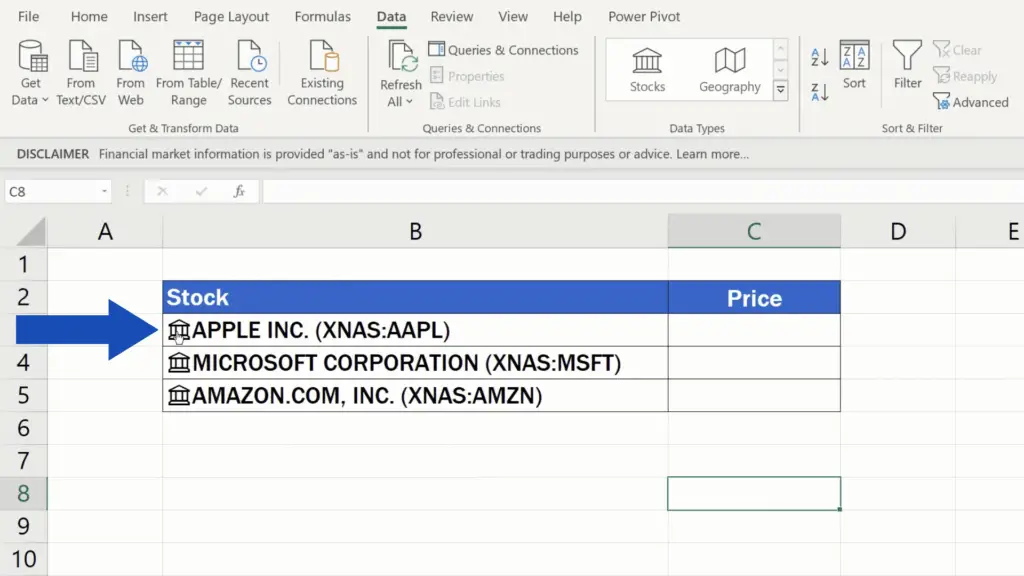 How to Get Stock Prices in Excel - click on the Stocks icon