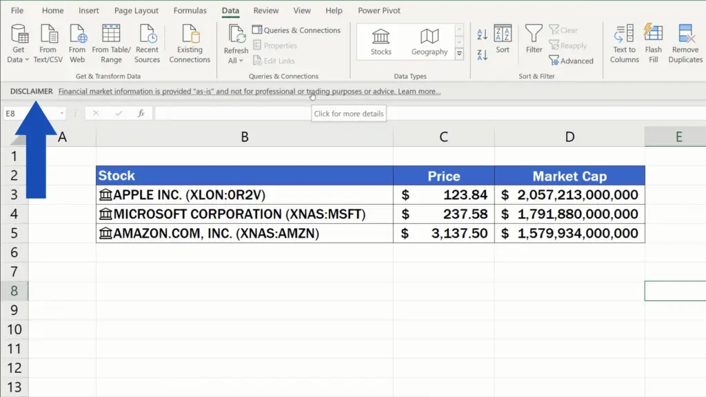 How to Get Stock Prices in Excel - disclaimer