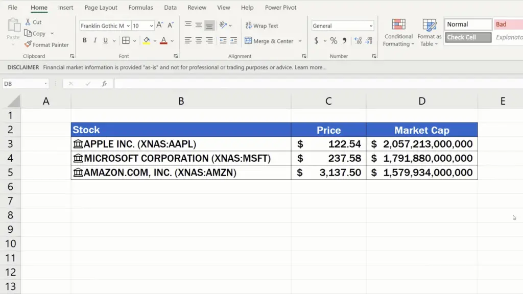 How to Get Stock Prices in Excel - market cup - formatting