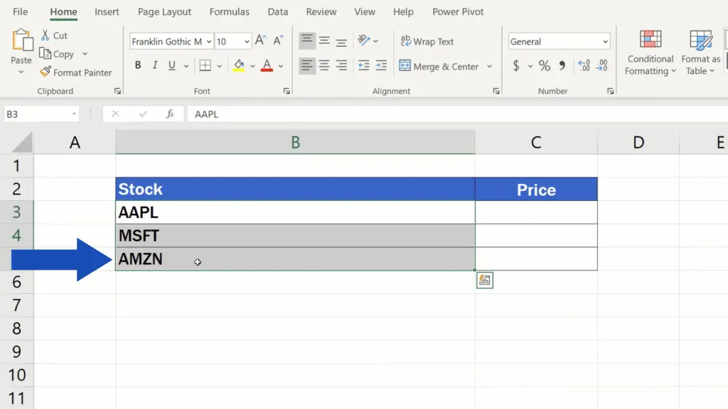 How to Get Stock Prices in Excel - select the area that contains this information