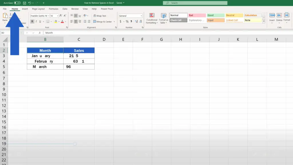 How to Remove Spaces in Excel - Home Tab