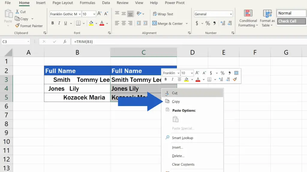 How to Remove Spaces in Excel - select Copy option